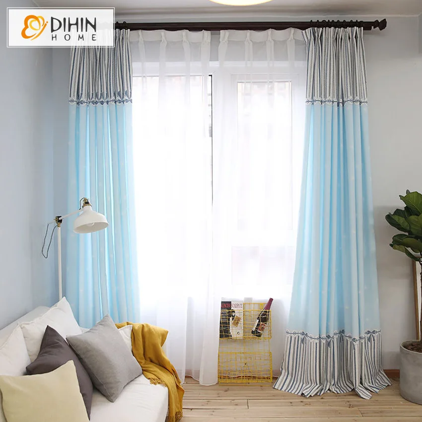 DIHIN HOME Striped Blue Blackout Curtains for Living Room Modern Window Curtains for the Kids