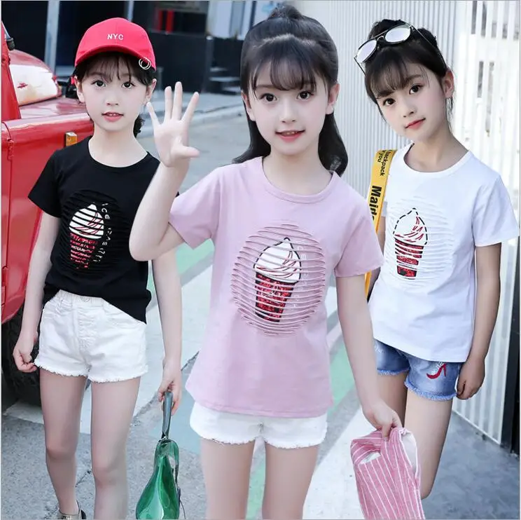 

5-12Y Fashion Style Sequins Girls Short Sleeve T-shirts 2018 Cotton Summer Tees Girl Tshirt Sleeveles Tops For Children Clothes