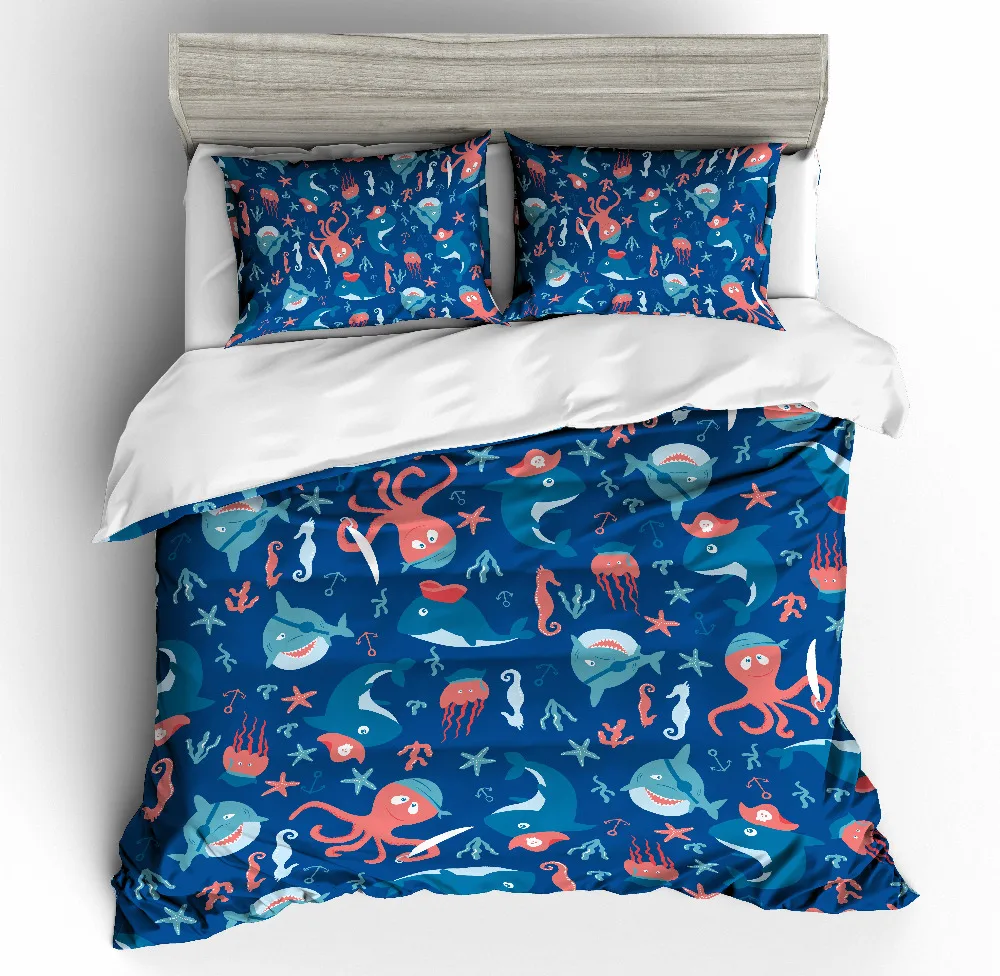 

MUSOLEI 3D Duvet Cover Set Animal shark Navy background sharks and jellyfish Bed Sheet Twin queen king