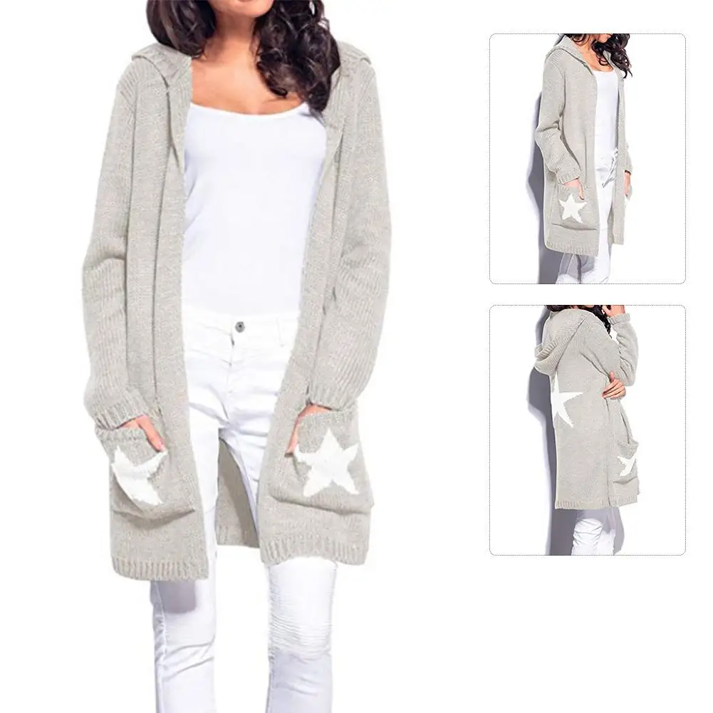 Women Wear Autumn Winter Sweater Chunky Front Open Long Sleeve Knitting Mid Hooded Cardigan Coat Casual Loose |