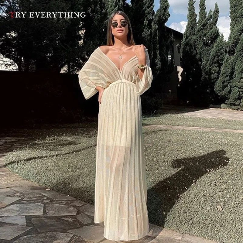 

Striped Off Shoulder Party Dress Women Evening See Through Sexy Dress Women V Neck White Elegant Long Dresses Ladies Summer 2019