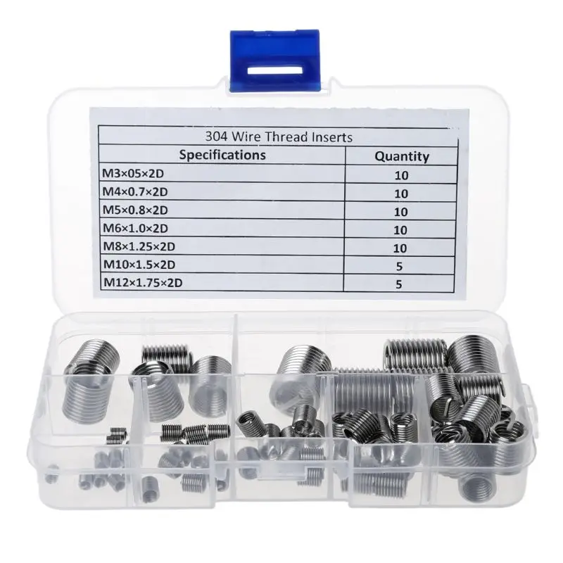 60 шт. 304 Проволока из нержавеющей стали для восстановления резьбы Вставить Комплект M3 M4 M5 M6 M8 M10 M12 304 Нержавеющая сталь 130x65x22 мм
