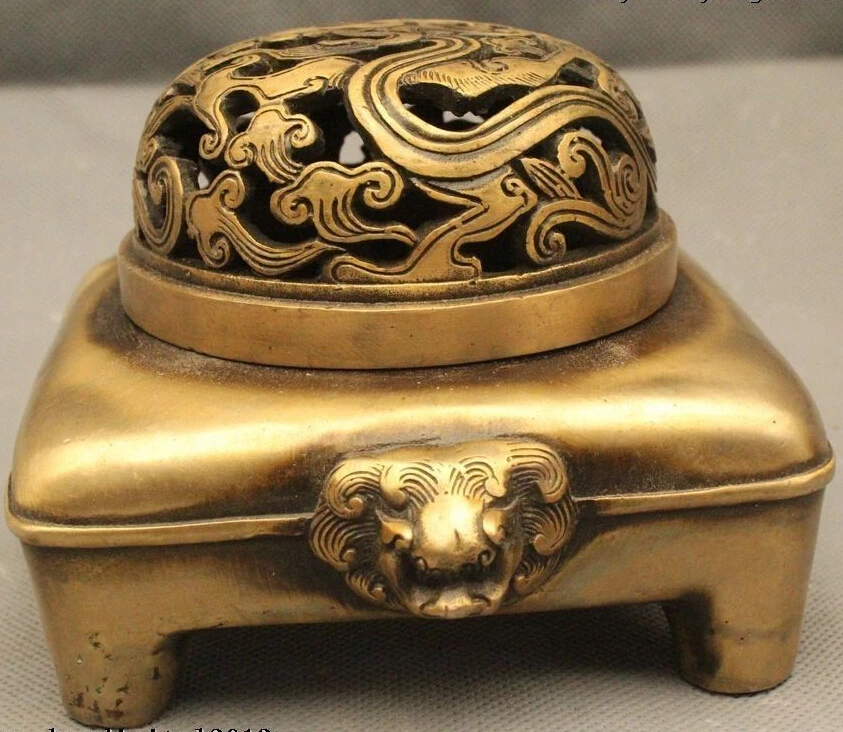 

5"Chinese Folk Bronze Feng Shui Lucky Foo Dogs Lion Incense Burner Censer Statue Statue