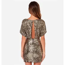 Gold Sequins Lantern Short Sleeve Elegant Party Dress 2017 Casual Summer Women XS Mini Dress Hollow Out Plus Size Short Dresses