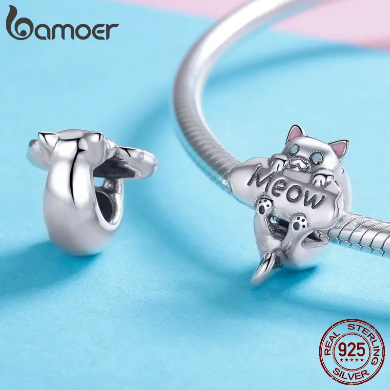 BAMOER Genuine 925 Sterling Silver Naughty Cat Beads Meow Cat Animal Charm fit Charm Bracelet DIY Jewelry Making Gift SCC874