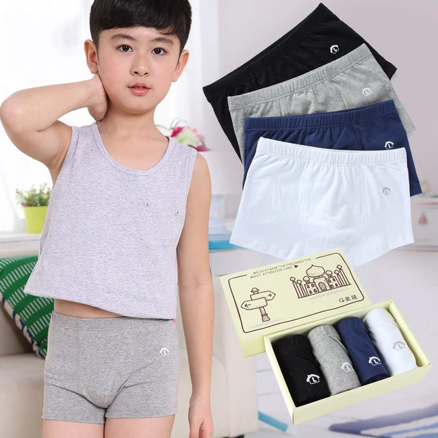 Cotton 3Y To 15Y Kids Teenage Boys Underwear Solid 4 Piece Boys Boxers