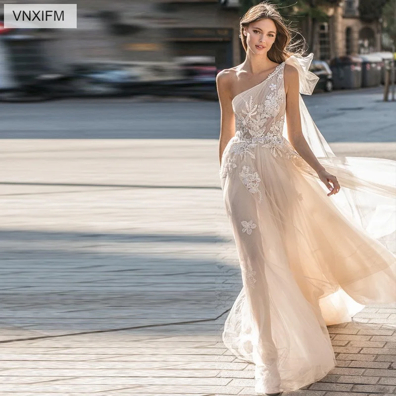 

VNXIFM Princess Wedding Dresses 2019 One Shoulder Tulle Appliques Bride Dress Simple Wedding Gowns Beach