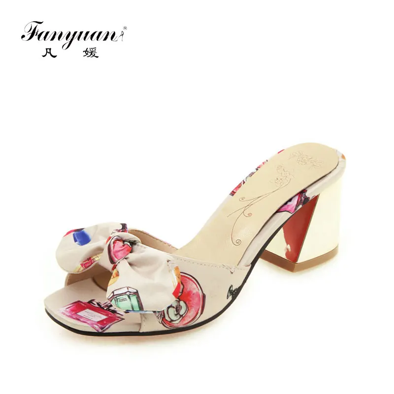 

Fanyuan Sweet Butterfly-knot Appliques Shallow Slides Fashion Mixed Colors High heels Women shoes Summer Floral Mules Slippers