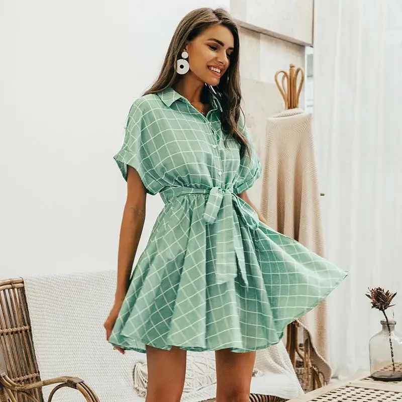 

Charming Elegant plaid sashes women dress Short sleeve A-line casual streetwear female short dress Button summer dress 2019
