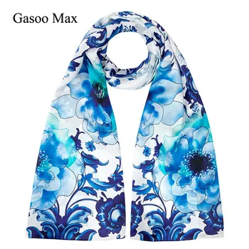

NEW Satin Silk Scarf Women Long Shawl Spring Autumn Female 100% Silk Scarves Blue White flower Print Long Silk Gift Scarf