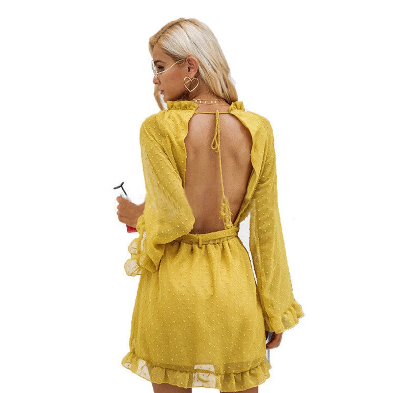 Fashion Girl Chiffon lace Women Mini DressesSummer New Standing collar Party Beach Mesh Dress Sweet sexy long sleeves Vestidos | Женская