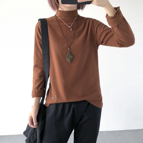 caramel Лидер продаж Kpop Tumblr Корейская Футболка женская хлопковая повседневная трикотажная основа с длинным рукавом Однотонная свободная водолазка плюс размер - Цвет: caramel