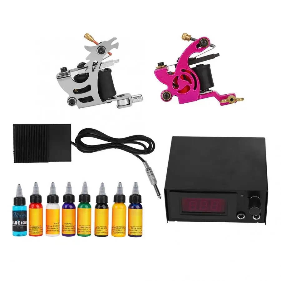 Complete Tattoo Kit Tattoo Machine Gun Tattoo Ink Set Body Art Tools Set Tattoo Permanent Makeup Foot Pedal Needles Power Grips
