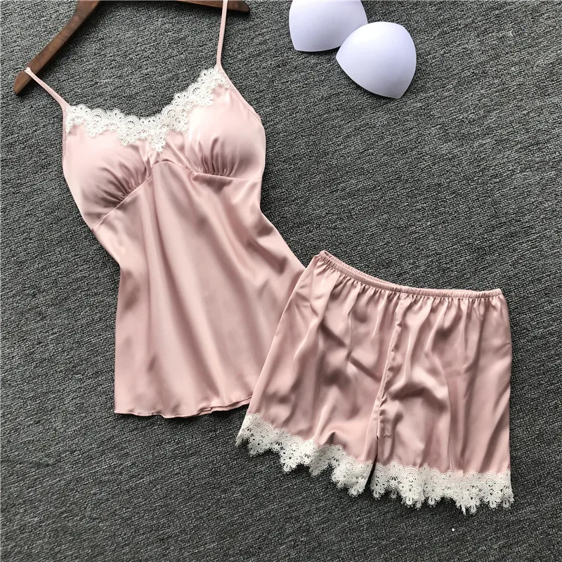 

MECHCITIZ 2019 Silk Women's Pajama Set Summer Shorts Sleepwear Satin Pajama Cami Top + Shorts Pijamas Strap Lace Sexy Nightgown