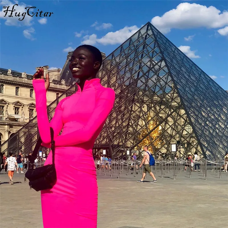 Hugcitar high neck long sleeve zipper high waist slim sexy dresses 2018 autumn winter women fashion casual christmasparty dress