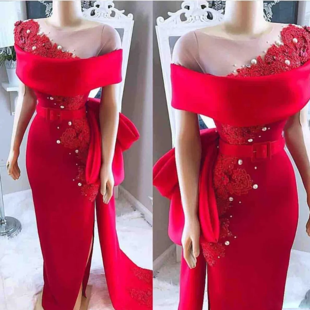 Saudi Arabic Red Evening Dresses Sheer Neck Bow Sash Lace Applique Beaded Pearls Sheath Satin Side Split African Formal Party Prom Gowns 149