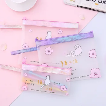 

Transparent Cherry Cat Pencil Case Cute Portable Pencil Bag stationery pouch kids gift office School Supplies zakka
