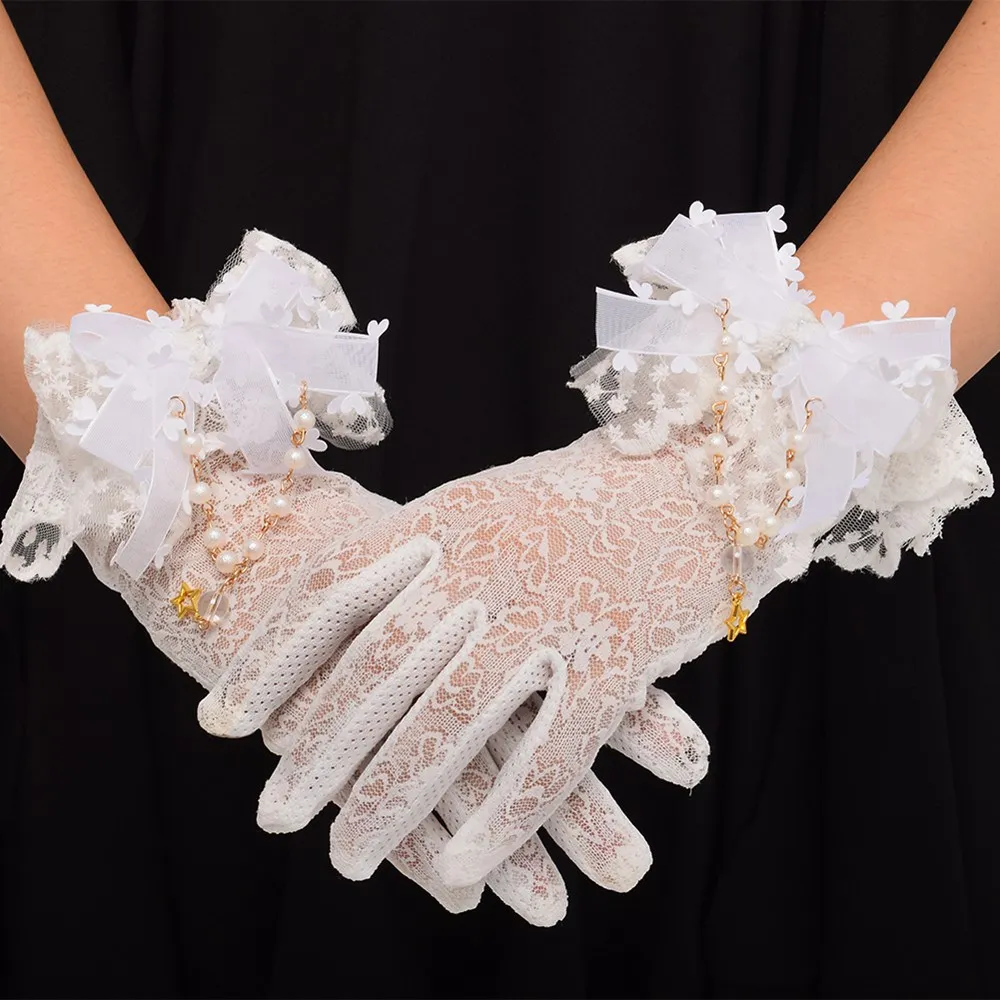

Women Lolita Lace Gloves White Cute Bead Chain Gloves for Bride Gifts