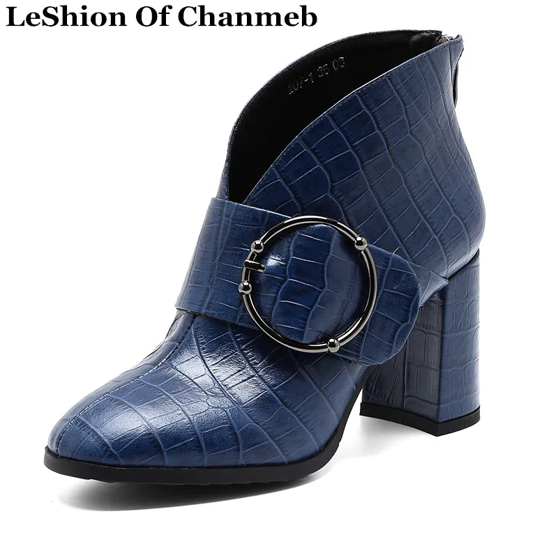 

new crocodile pattern snake print cow leather short boots ladies women blue big round metal buckled chunky heels booties shoes