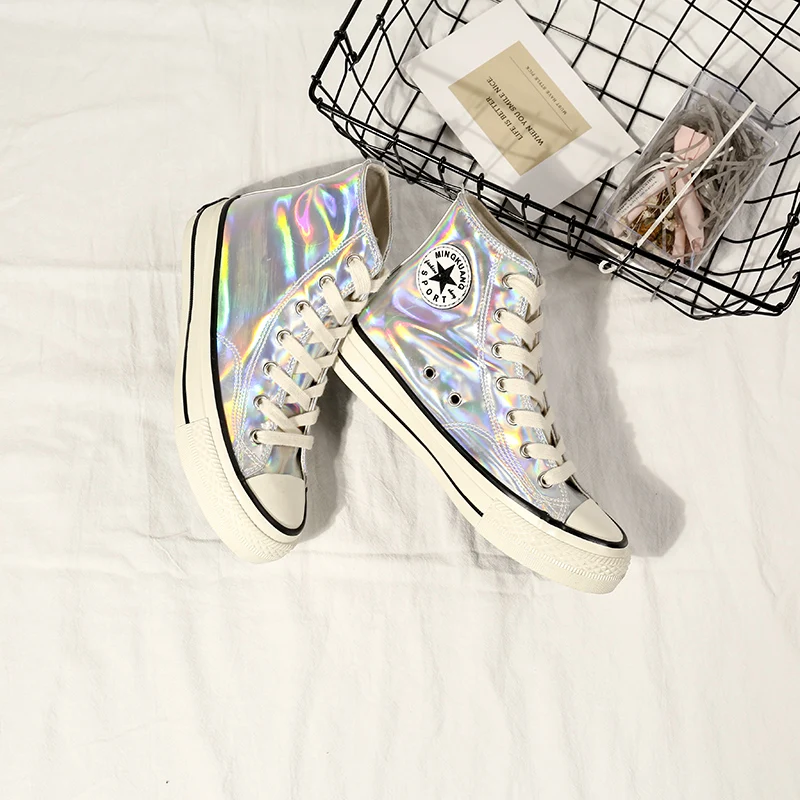 Ceny Kolorowe kolor kobiet buty w stylu casual galaretki laser kobiet buty 2019 wiosna nowy kameleon odblaskowe wysokiej tenisówki fala