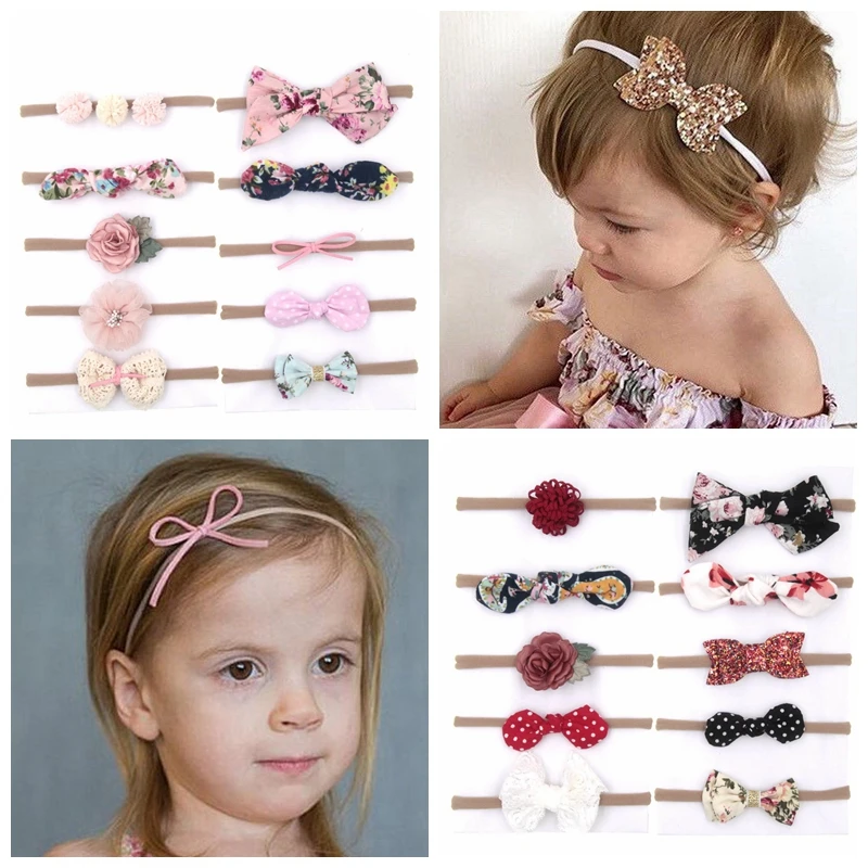 

10PCS/LOT 2019 Boutique Baby girls Sequin Bow Nylon Headband DIY printing cloth bowknot Elastic band For Kids Hair Accessories