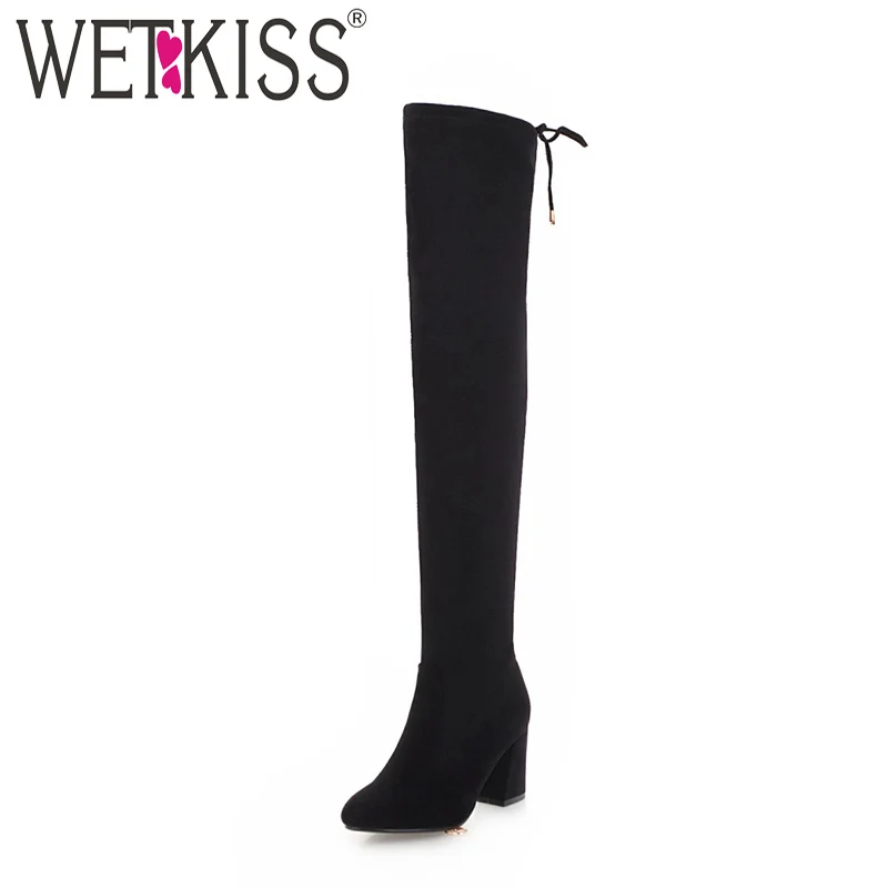 WETKISS/очень большие размеры 33-48 зимние женские сапоги-ботфорты из флока на высоком