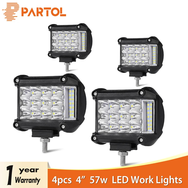 

Partol 4Pcs 4" 57W Work Light Tri-Row LED Light Bar Spot Flood Combo Beam Offroad 4WD 4x4 LED Bar for Pickup Camper Trailer 12V
