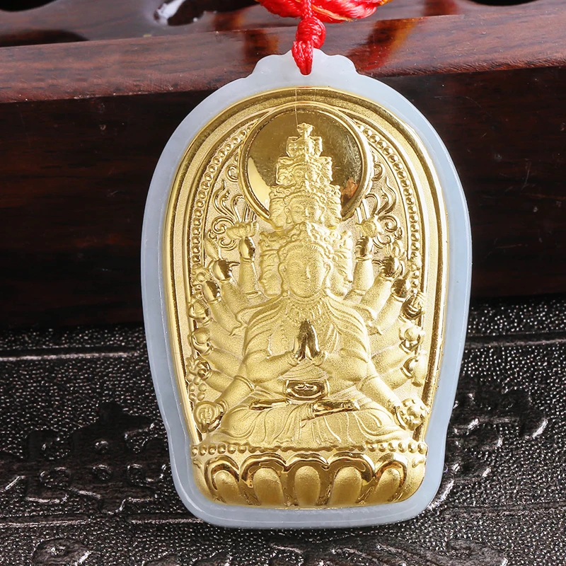 

Elegant Jewelry Hetian 24k Gold Jade inlay guanyin necklaces fashion charm pendant for lovers gifts 8614