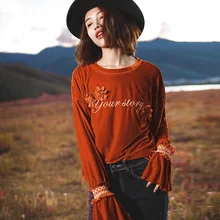 Дамы Зимний фольклорный стиль; ретро рубашка рукав футболка дна 12009