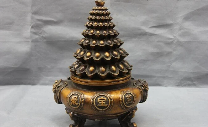 

Collectible bronze lion statue S0672 Folk Fane Bronze Copper Lucky Wealth YuanBao treasure bowl censer Incense burner (B0413)