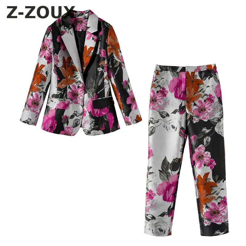 

Z-ZOUX Woman Suit Turn-down Collar Full Printing Letter Full Length Two Piece Set Suit Women 2018 New Fashion Vintage Casual