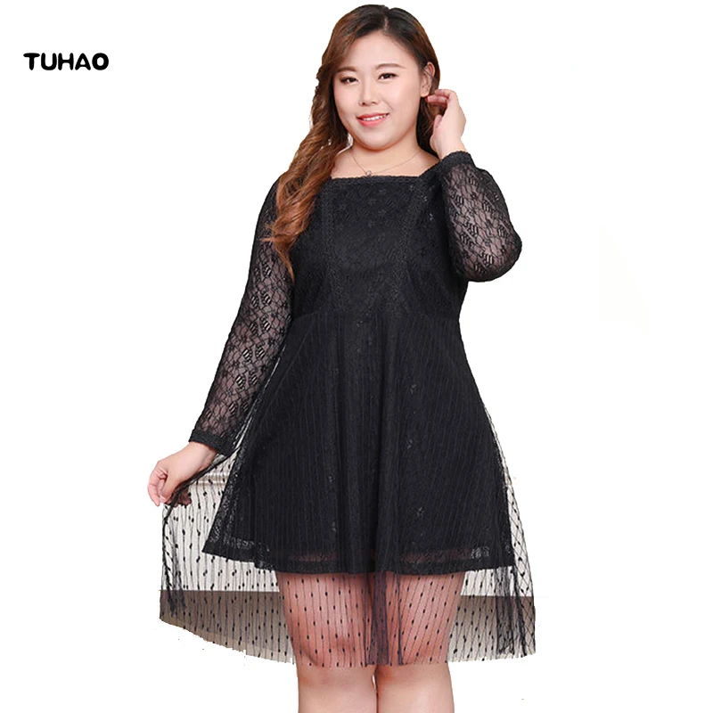 

TUHAO Plus Size 10XL 8XL 6XL Elegant Lace Mesh Black Party Dress Big Size Spring Summer Office Sexy Dresses for Women MS002