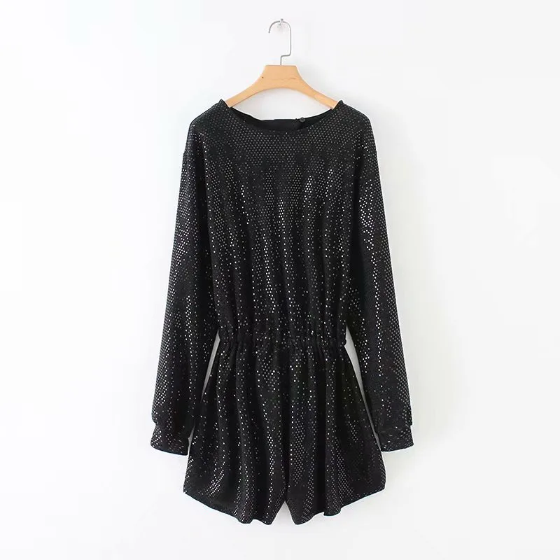 Women Dot Sequin Playsuit Sexy Backless Club Elegant Black Rompers Party NightClub Overalls Round Collar Clothing 