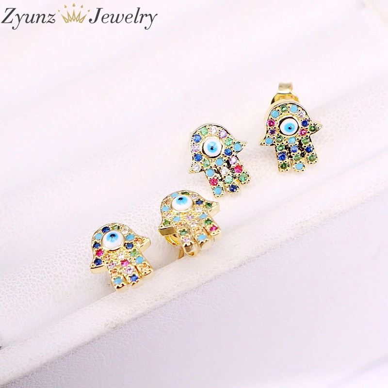 

10 Pairs, 2019 Stud Earrings Zircon Stone Delicate Studs Rainbow Gold Stud Earring CZ Hamsa Hand Earrings Girl Women Jewelry