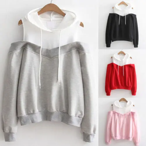 

Women Casual Long Sleeve Hoodie Off shoulder Hooded Pullover Patchwork Hoodies Sweatshirts