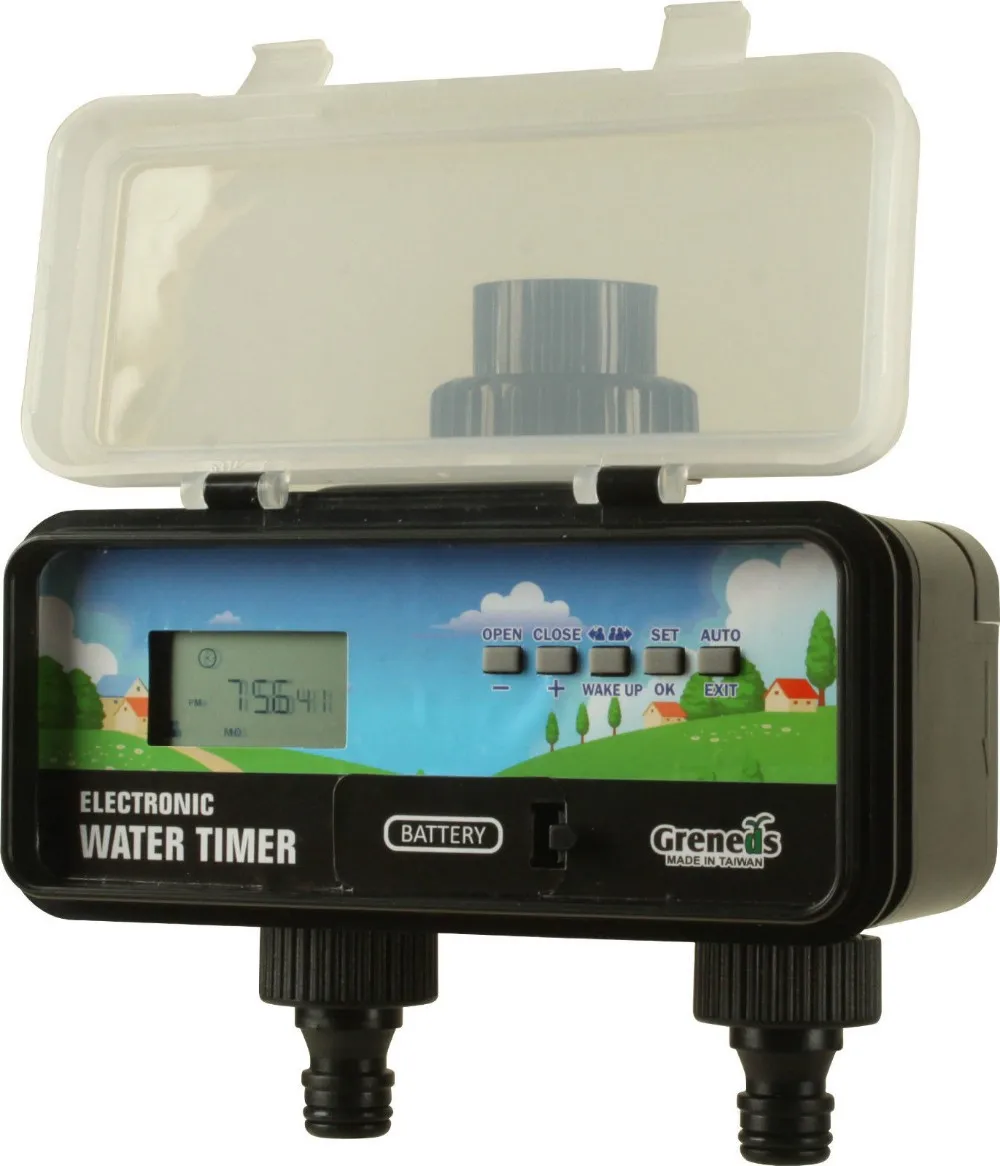 

lcd digital solar electronic garden water timer with rain sensor function 2 outlets adopt solenoid valve 5 keys to set program