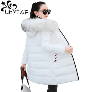 

UHYTGF Plus size Parka Women Winter Jacket Fur collar Hat Warm Down Jacket Women Thick Hooded Coats Female long Coat Outwear 137