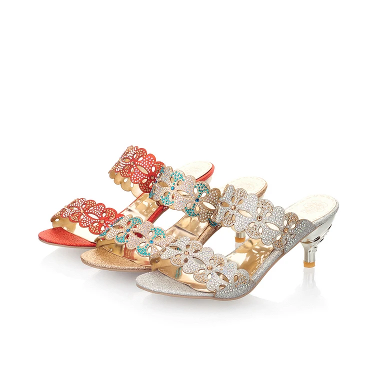 

PQECFS Big size 31-43 high quality hot sale summer new fashion women rhinestone cut-outs sweet med heel sandals 3 colors