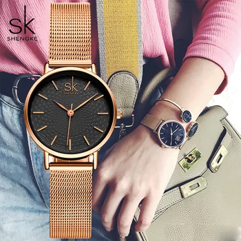 

Shengke SK Women Watches Luxury Gold Mesh Belt Ultra Thin Ladies Quartz Watch For Montre Femme Female Clock 2019 Zegarek Damski