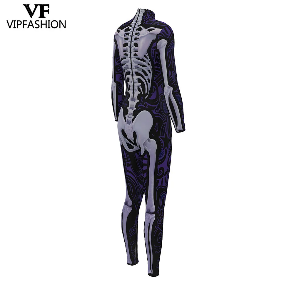 VIP FASHION Carnival Purim Party Cosplay Bodysuit Women Sexy Skeleton Printed Jumpsuit Rompers Costumes For Ladies
