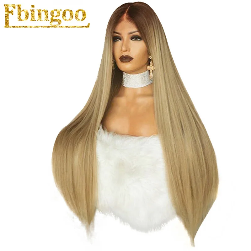 Ebingoo высокая температура волокно длинные прямые волосы парики коричневый Омбре блонд синтетический парик на кружеве для женщин костюм - Цвет: Омбре