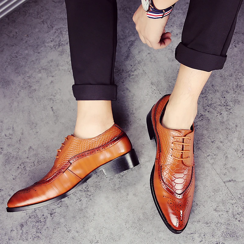 men formal shoes leather luxury brand snake fish skin pointed toe dress footwear male office italian brogue oxford shoes for men (34)