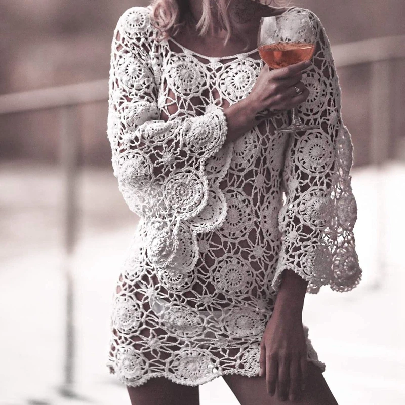 2018 Summer Women Beach Dress Sexy Hollow Solid Crochet Mini Dress Boho (4)