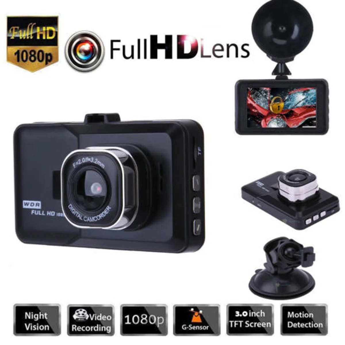

170° Car DVR Video Recorder Night Vision G Sensor Cycle Recording Camera 1080P HD Vehicle Dash Cam