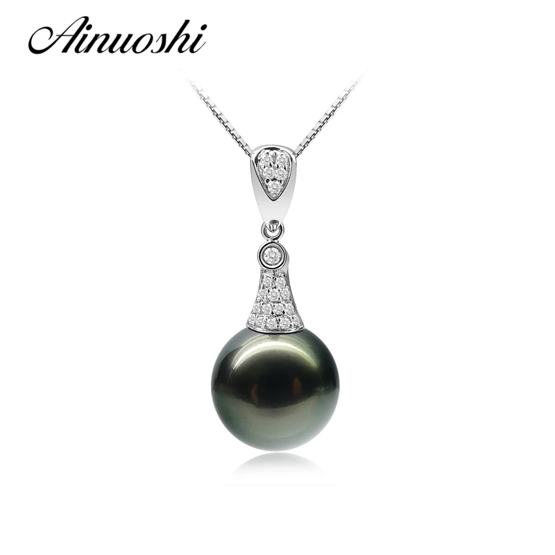 

AINUOSHI Natural Tahitian Black 11-12mm Round Pearl Pendant Necklace 925 Sterling Silver Women Pendants Engagement Lover Jewelry
