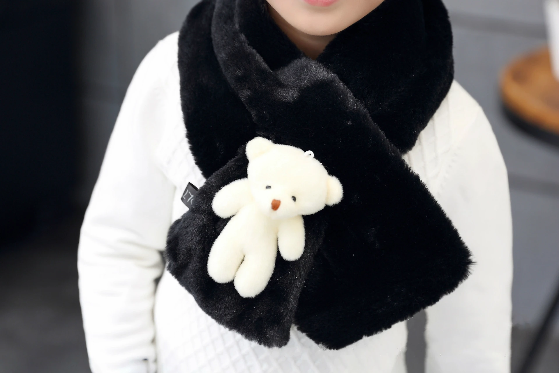 Детский Теплый зимний шарф с кольцом в форме перекрестка, милый объемный мультяшный медведь, воротник из искусственного меха кролика, шарфы для мальчиков и девочек