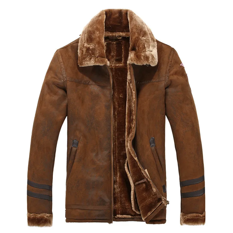 Kenntrice/зимнее Мужское пальто с меховой подкладкой; кожаная длинная куртка с искусственным мехом в военном стиле; кожаная куртка с подкладкой; пальто из флиса; утепленное теплое пальто - Цвет: brown