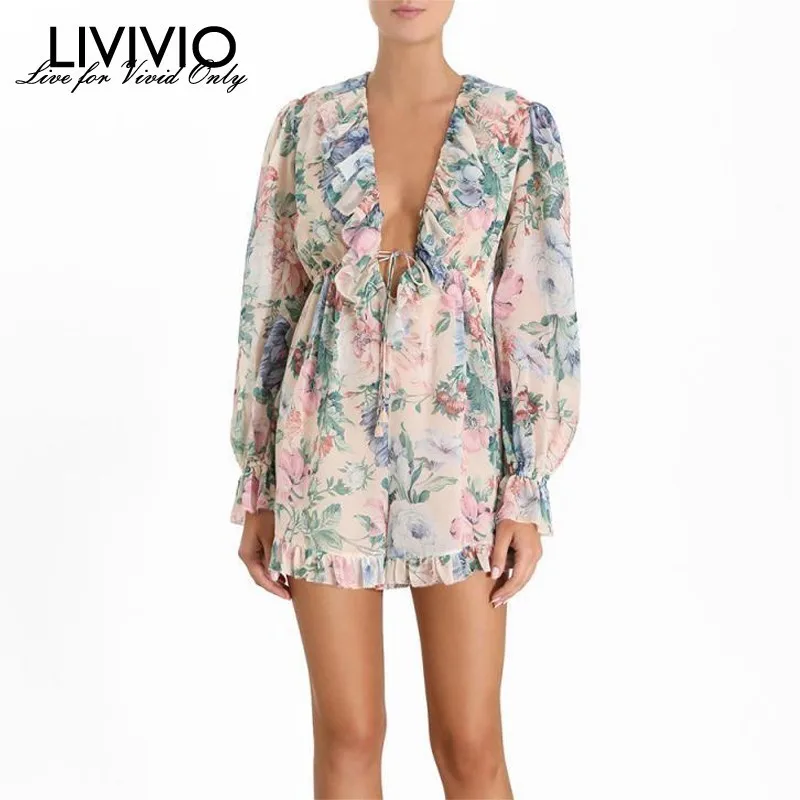 

[LIVIVIO] ZIMM Floral Print Silk Blends V Neck Long Sleeve Ruffle Jumpsuit Short Women Beach Style 2019 Summer Holidy Fashion