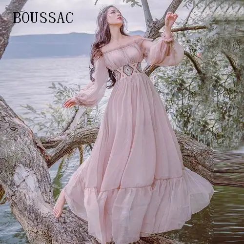 

2019 Autumn New Literary Vintage Long Dress Slash Collar Long Sleeved Strapless Female Dress Large Swing Vacation Fairy Dress