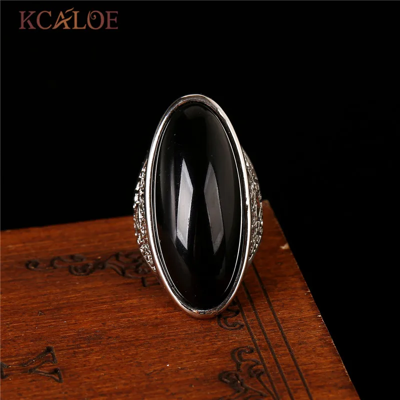 KCALOE Black Big Stone Ring Aneis Feminino Vintage Retro Silver Color Long Anniversary Engagement Rings Fashion Women Jewelry